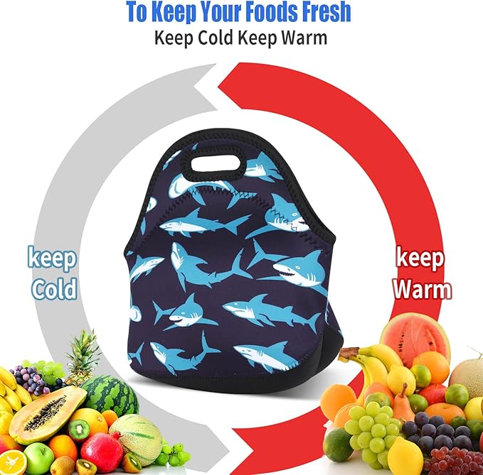 Violet Mist Womens Cute Reusable Neoprene Lunch Bag Insulated Lunch Box Thermal Shark Lunch Bags Tote Waterproof Animal Food Handbags Meal Prep Lunchbags Travel Work Gift for Women Men Adult