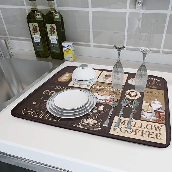 Brown Coffee Dish Drying Mat 18x24 Inch Coffee Cup Espresso Machine Pad Absorbent Washable Dish Rack Pad for Kitchen Counter Cafe Bar