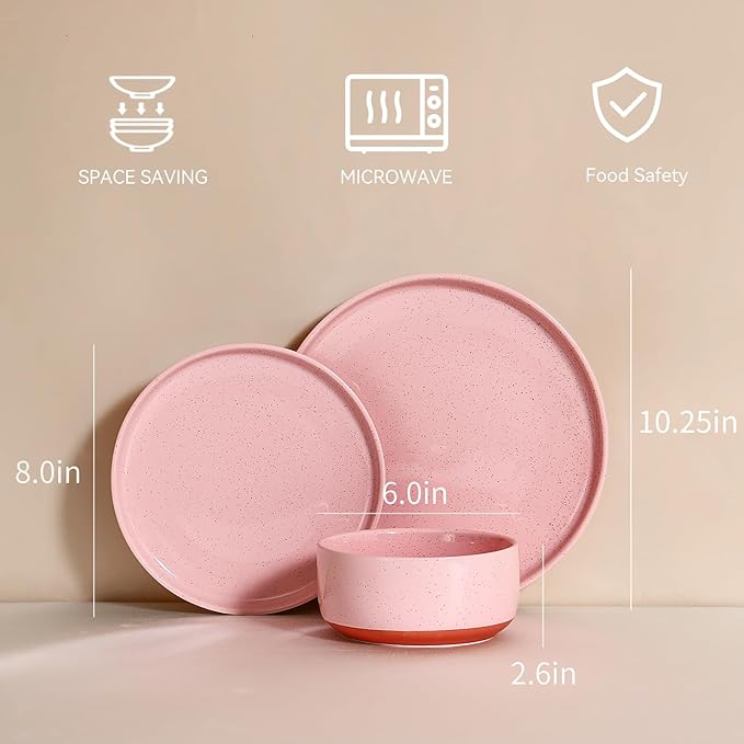 GZG Modern Art Series - 18 Pcs Speckled Stoneware Plates and Bowls Sets, Ceramic Dinnerware Set with Rustic Terracotta Underside, Microwave and Dishwasher Safe Handcrafted Dishes Set - Blush Pink