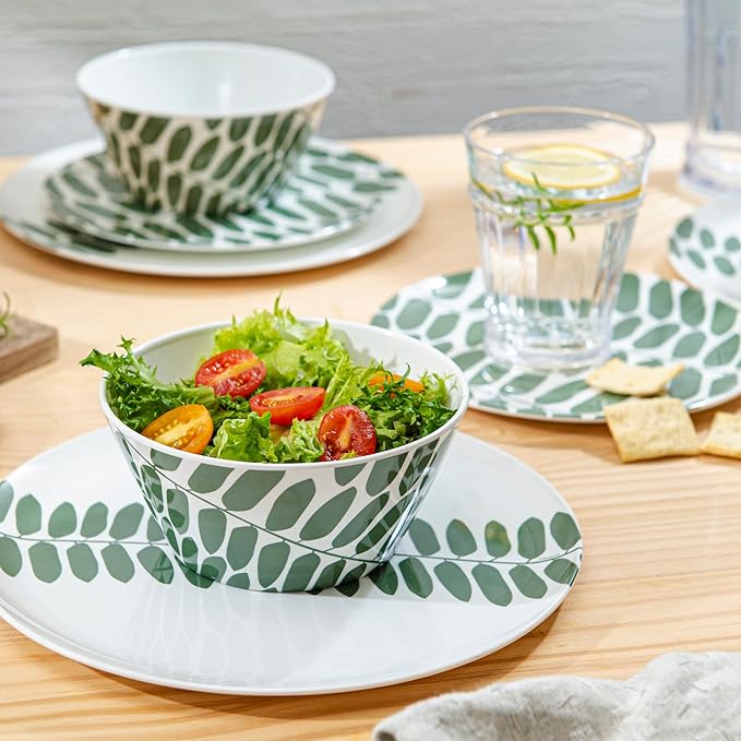 Bzyoo 12-Piece Melamine Dinnerware Set - Leaf | Lightweight, Durable, BPA-Free | Dishwasher Safe Dish Set for Indoor & Outdoor Use - Perfect for Camping, BBQs, Kids