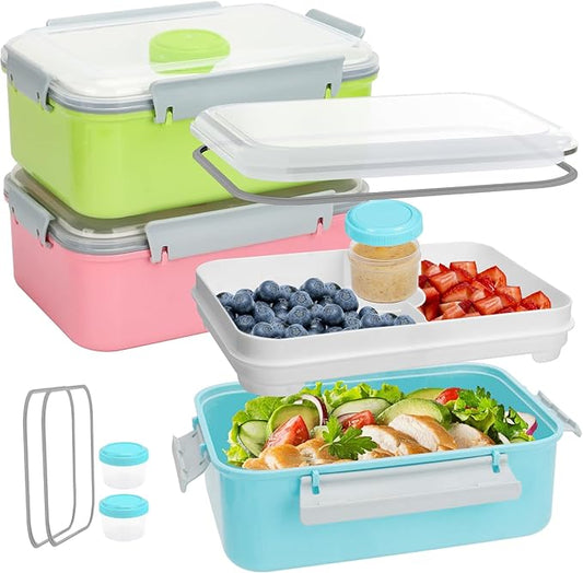 3 Pack Salad Lunch Box Food Storage Containers, 47oz Bento Box To Go Container with Lids, Meal Prep Containers with Removable Tray & Dressing Pots for Kids and Adults, Reusable and Microwavable