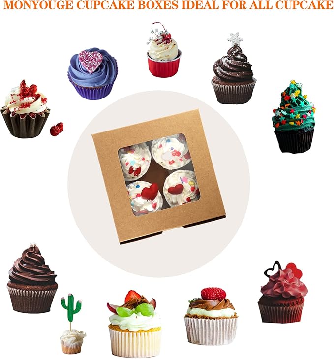 30-Set Cupcake Boxes Bulk with Clear Display Window Hold 4 Standard Cupcakes, Disposable Food Grade Brown Cupcake Carrier Cupcake Container, Perfect for Cupcakes Muffins Cookies Pastries
