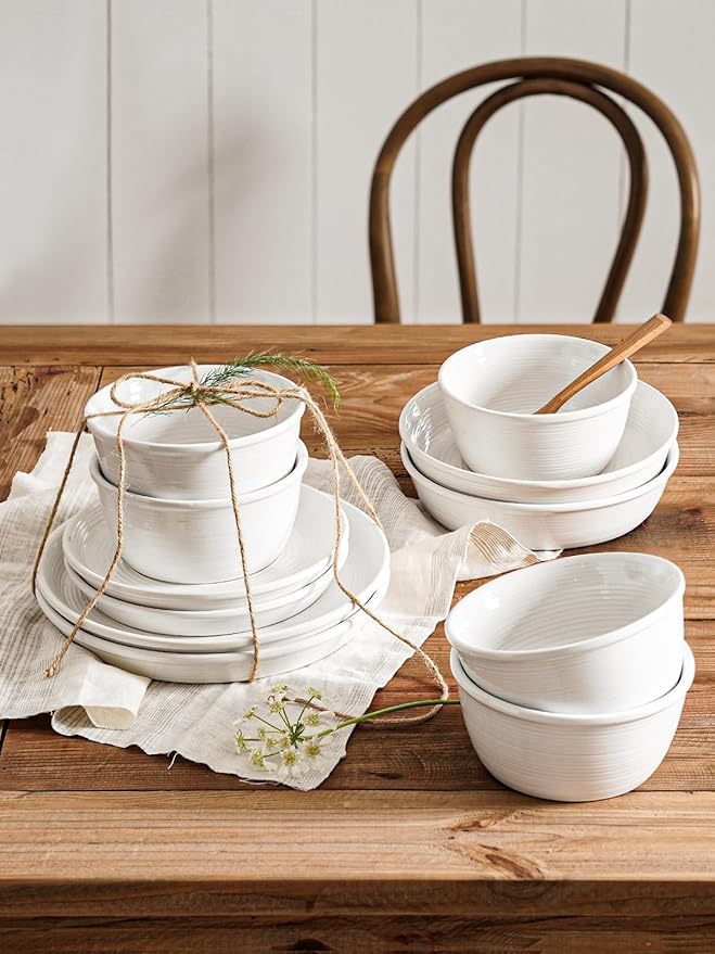 LE TAUCI 16-Piece Ceramic Dinnerware Set with Pasta Bowls (30 oz), Service for 4 – White Farmhouse Plates & Dishes (10" Dinner, 8" Salad, 6" Bowls, 8.5" Pasta) for Housewarming, Wedding Registry Gift
