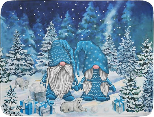 Winter Blue Gnome Dish Drying Mat for Kitchen Counter Pine Tree Microfiber Dish Pad Absorbent Reversible Fast Dry Draining Mats 18x24 Inch