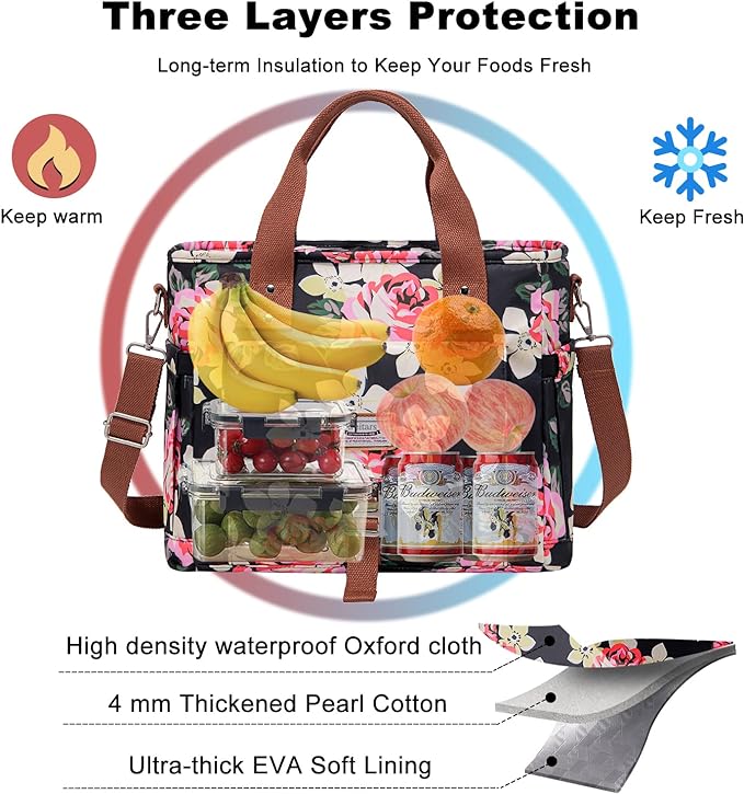 Weitars Lunch Bag for Women,Leak Proof Lunch Box for Work,Insulated Large Lunch Tote Bag with Removable Shoulder Strap, Lunch Bag For Picnic Hiking