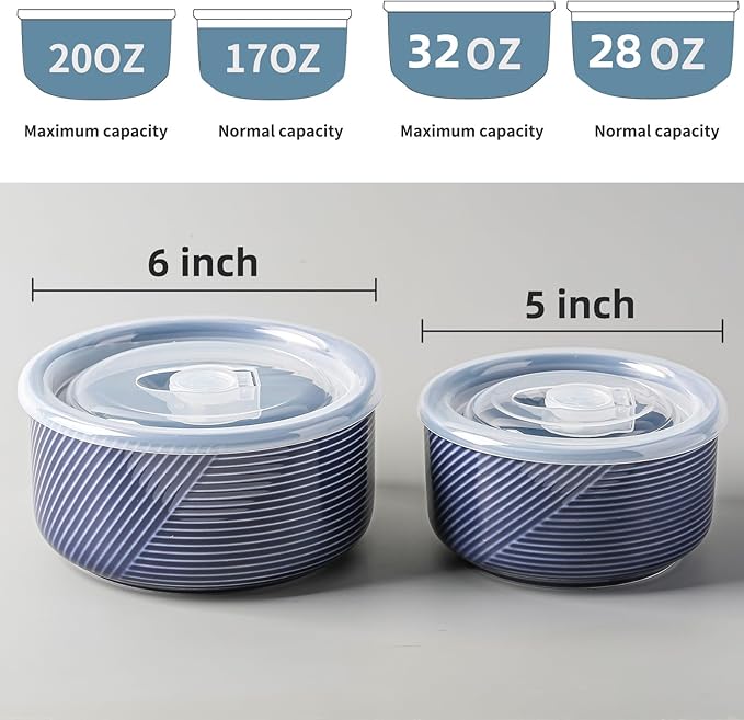 Ceramic Nesting Bowls with Lid: Microwave Safe Food Storage Containers for Work Lunch Picnic Camping Meal Prep Soup Salad Cereal Leftovers - 5 & 6 Inch, 20 & 32 oz, Set of 2, Navy