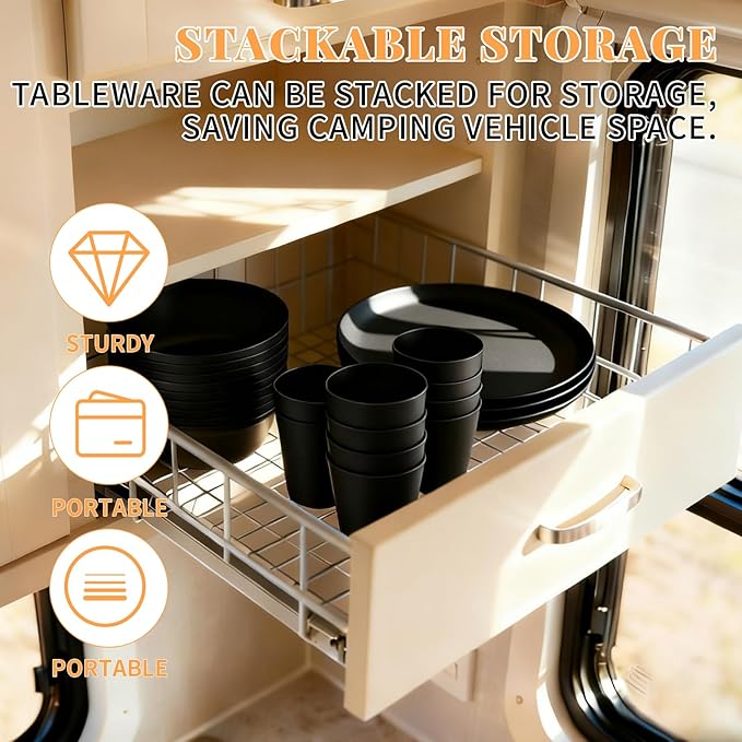 40 Piece RV and Camping Dinnerware Set, Microwave Safe Plates and Bowls Set for 8 with Cutlery, Lightweight & Unbreakable, The Perfect Melamine Alternative Boho