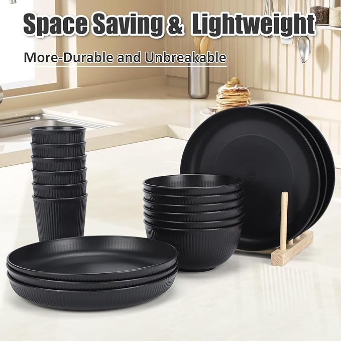 18PCS Wheat Straw Dinnerware Sets Unbreakable Reusable Dinnerware Set for 6, Microwave Dishwasher Safe Dinnerware for Outdoor Camping Dishes