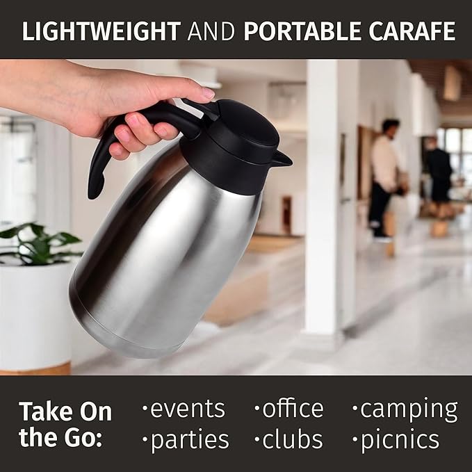 Thermal Coffee Carafe with Cleaning Brush - 68 oz / 2L, 24 Hours Cold or 12 Hours Hot Water Dispenser, Carafe for Hot Liquids - Insulated Stainless Steel Coffee Urn - Easy Use Tea Dispenser - Cresimo