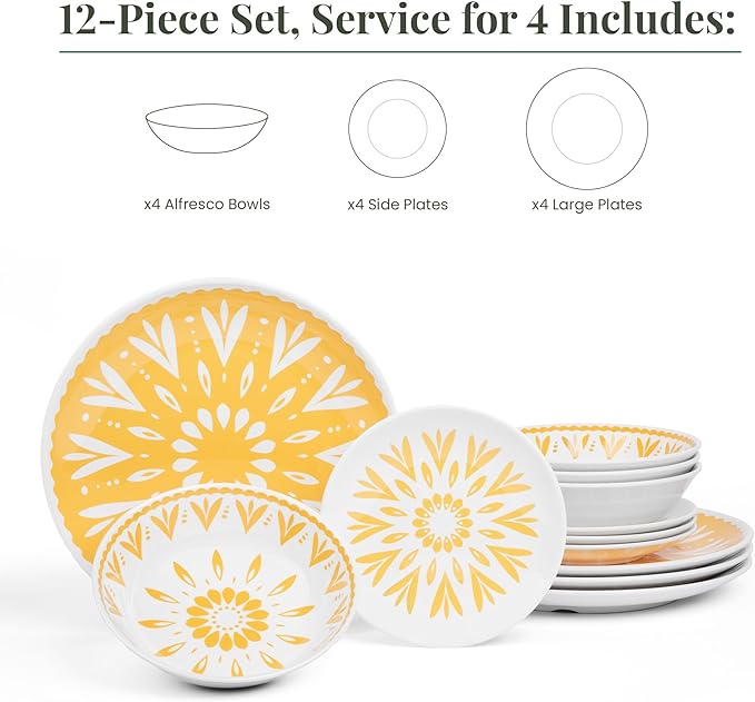 Larder & Vine 12-Piece Melamine Dinnerware Set: Durable, Lightweight, Break-Resistant Plates & Bowls – Stylish, Non-Toxic, Dishwasher Safe – Ideal for Everyday Use, Indoor & Outdoor Dining – Floral