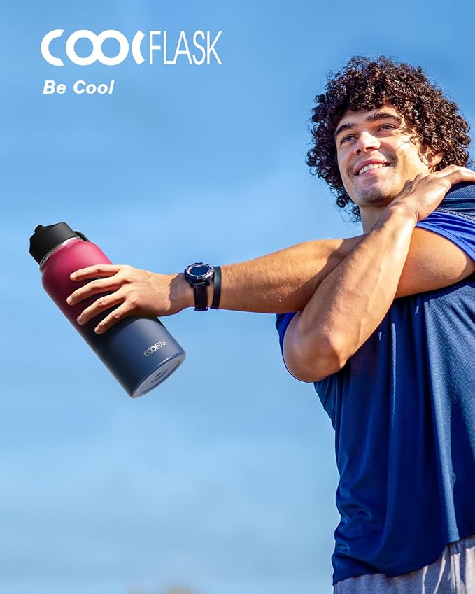 Water Bottle 32 oz Insulated with Straw, Coolflask Stainless Steel Metal 3 Lids Water Flask Wide Mouth for Sports or Office, Non-BPA Keep Cold Up to 48 Hrs or Hot Up to 24 Hrs, Ombre Wine/Navy