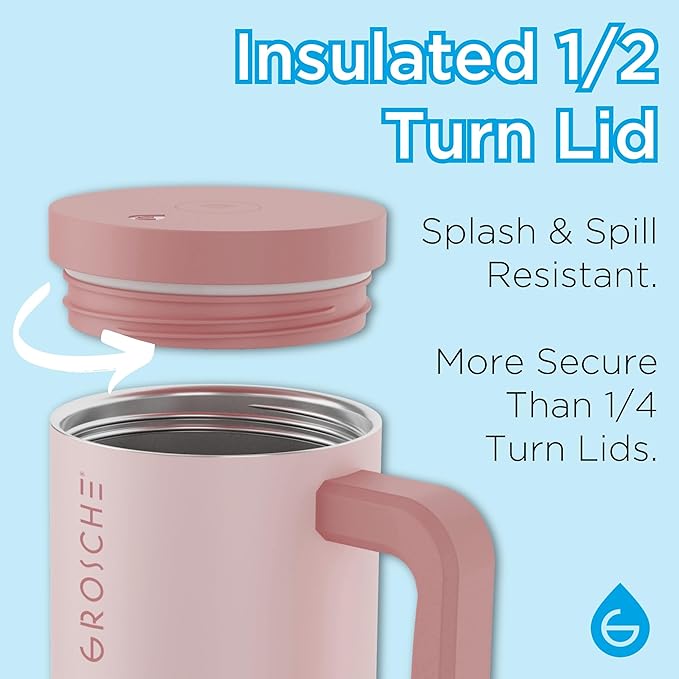 GROSCHE ASPEN 40 oz tumbler with handle and straw. Extreme insulation, classy design, built to last insulated stainless steel tumbler with handle, lid and straw - ROSE PINK