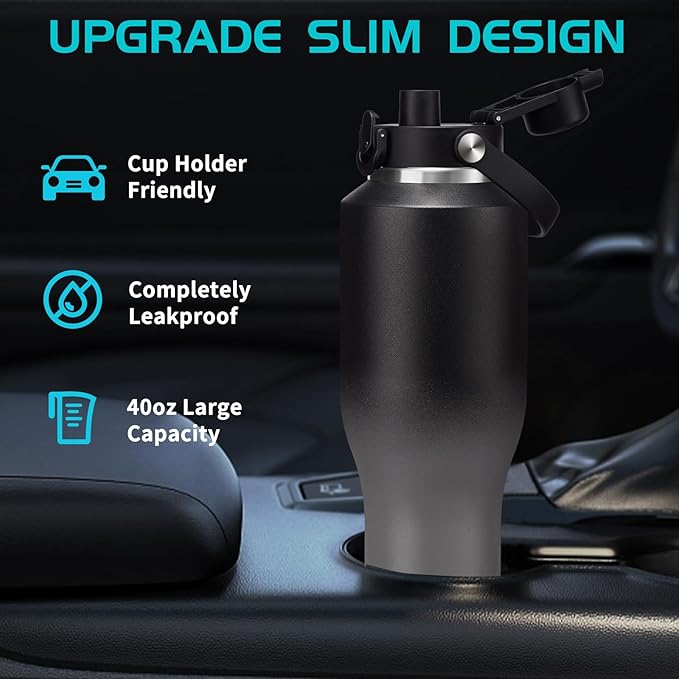 40oz Insulated Water Bottle with Straw - Auto Spout Lid, Protective Boot, Carrier Pouch, Vacuum Stainless Steel Water Bottles Leak-proof, Skinny Thermo Mug Flask Fit in Car Bike Cup Holder