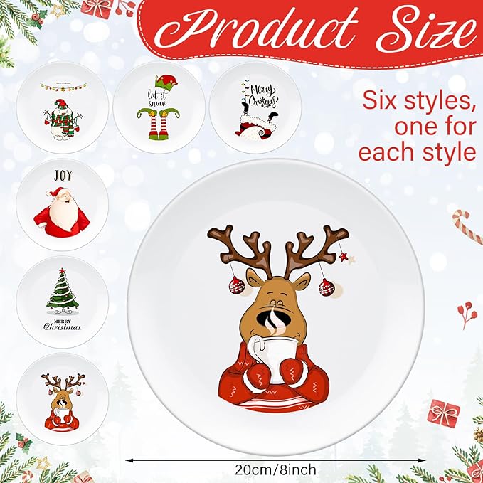 6 Pcs Christmas Reusable Melamine Dinner Plates 8 Inch Christmas Theme Round Plates Xmas Dishes Dinnerware Set for Salad Pasta Xmas Birthday Party Supplies Gifts (Classic)