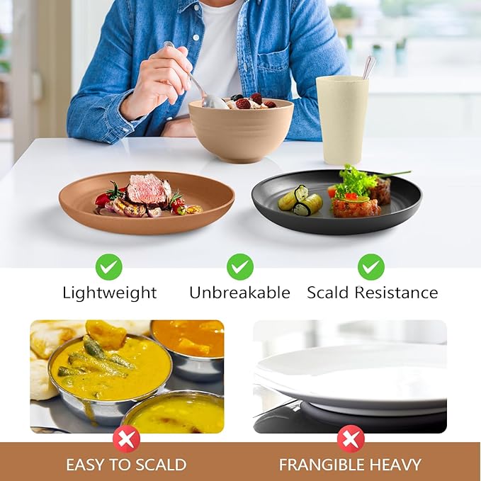 Teivio 32-Piece Kitchen Plastic Wheat Straw Dinnerware Set, Service for 8, Unbreakable Plates, Bowls and Cups Set, Farmhouse Outdoor Camping Dishes for Rustic Life/Country/Vintage, Saddle Ombre