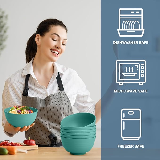 Wheat Straw Bowls Set of 6, Unbreakable Plastic Bowls, Microwave and Dishwasher Safe Serving Bowl for Dinner, Breakfast, Snack, Cereal Bowl for Kitchen, Camping, Outdoor (Green, 26 OZ)