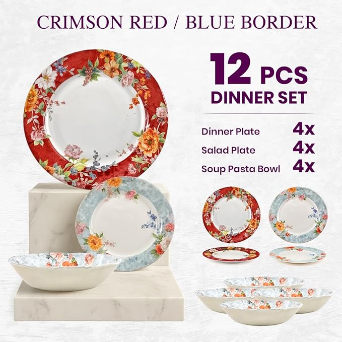 TUDOR Royal Collection 12-Piece Round Porcelain Dinnerware Set, Service for 4 with Dinner Plates, Bowls, and Salad Plates, Crimson Summer Floral Unique Design, Gloss Finish, Durable & Premium Quality
