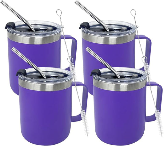 4pack 12oz Coffee Mug With Handle Bulk, Stainless Steel Insulated Travel Tumblers With,Double Wall Vacuum Camping Cup for Hot & Cold Drinks Tea (purple)