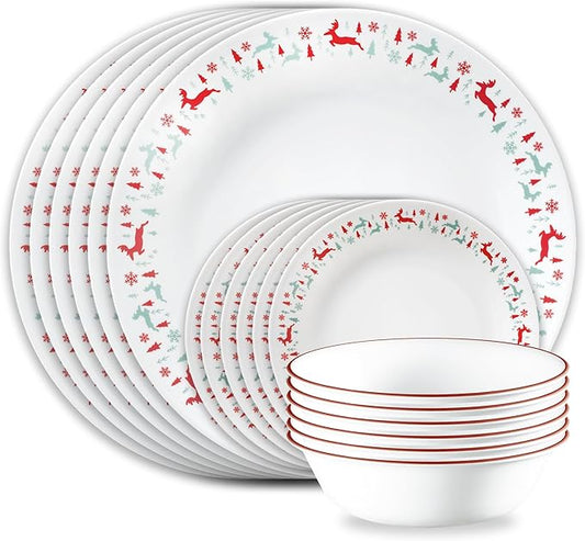 Corelle Vitrelle 18-Piece Christmas Service for 6 Dinnerware Set, Triple Layer Glass and Chip Resistant, Lightweight Round Holiday Plates and Bowls Set, Be Merry