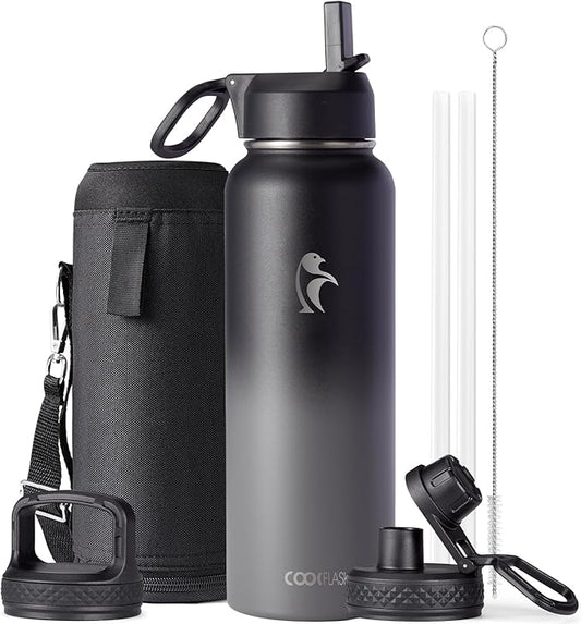 Water Bottle 40 oz Insulated with Straw&Brush, Coolflask Vaccum Stainless Steel Metal 3 Lids Water Flask for Sports, Gym or Office, Keep Cold 48H Hot 24H, Piano Night