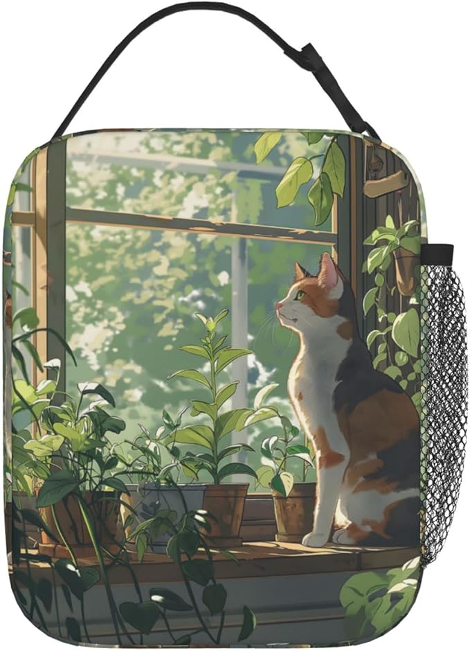 Serene Cat and Plant Haven Lunch Box for Women Men, Insulated Lunch Box, Reusable Lunch Bag for Office, Work, Picnic, Travel