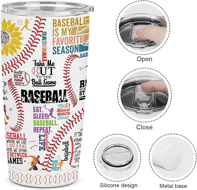 Baseball Tumbler Cup With Lid - Lover Birthday Gifts, Stainless Steel Vacuum Coffee Mug for Women Men, 20 Oz