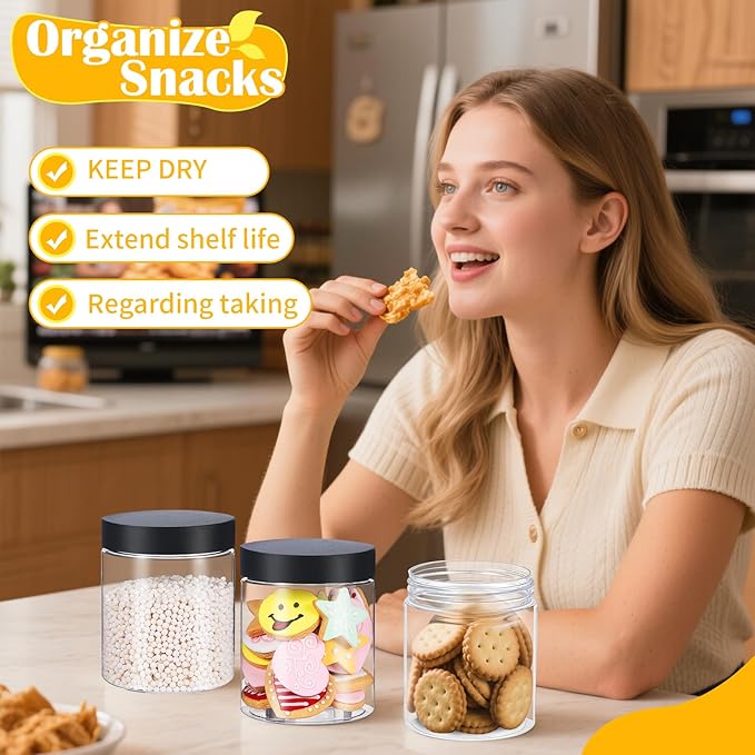 36 PCS 16 OZ Plastic Jars with Screw On Lids,Labels Refillable Empty Round Slime Containers for Storing Dry Food, Honey Jam, Cream, Butter, Lotion, black