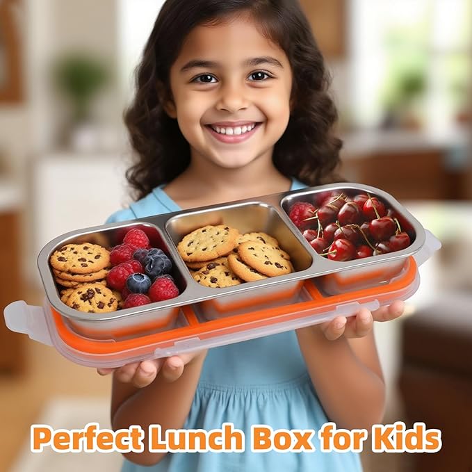 Stainless Steel Snack Containers with Lids, Reusable Condiment Storage Box, Divided Food Storage for School, Home, Travel, Multiple Compartment Leak-Proof Box (‎3 Compartment 3PCS)