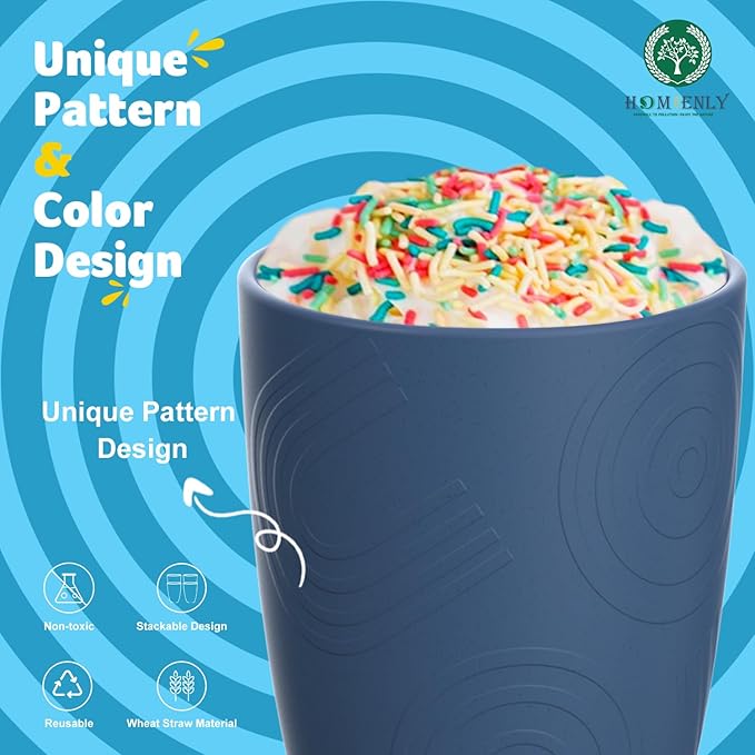 Wheat Straw Cups 8 PCS Plastic Cups Reusable a Good Alternative Drinking Glasses Plastic Glasses Cups Unbreakable Drinking Cup Reusable Dishwasher Safe Microwave Safe Cups with Blue Color (12 OZ)