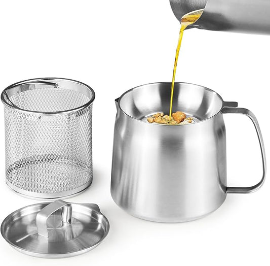 Bacon Grease Container with Strainer, 304 Stainless Steel Grease Container for Kitchen with Dust-proof Lid & Basket, Dishwasher Safe Cooking Oil Container, 50oz/1.5L