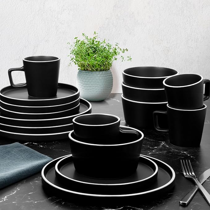 Zulay Kitchen Terra Stoneware Dinnerware Set, Artisanal Ceramic Plates and Bowls Set Crafted at 2300℉ - Service for 4, Black Matte with White Rim