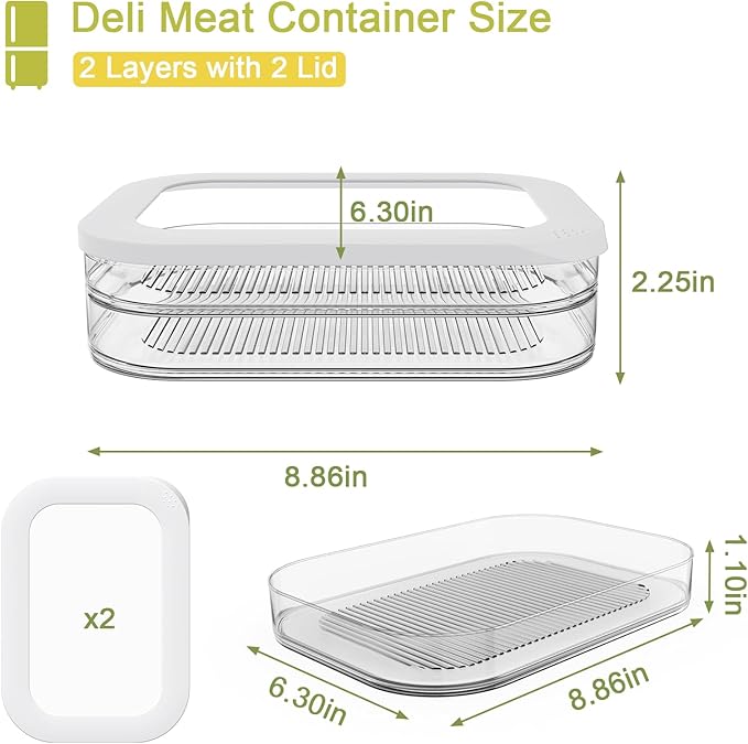 2 Pcs Deli Meat Container for Fridge, Stackable Bacon Lunch Meat Container for Refrigerator, Food Storage Boxes with 2 Lids for Cold Cuts, Cheese, LunchMeat, Salami, Meal Prep Containers, BPA Free