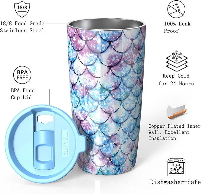 TILUCK 20 oz Tumbler with Leak-Proof Lid, Vacuum Insulated Stainless Steel Coffee Mug, Double-Walled Travel Tumbler for Hot and Cold Drinks(FishScales, 20oz)