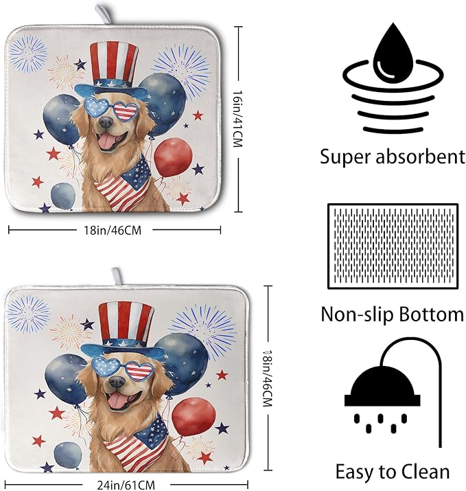 4th of July Patriotic Dog Dish Drying Mat 16 x 18 Inch US Independence Day Blue White Red Kitchen Drying Mat Firework Holiday Dish Drainer Mats Super Absorbent Dish Rack Pad for Kitchen Counter