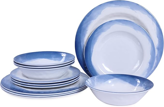 Melamine Dinnerware Sets- 12pcs Melamine Plates and Bowls Set for 4, Suitable for Indoor and Outdoor Use, Blue