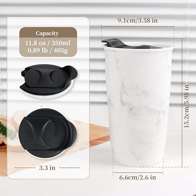 ANTIS'S HOME Ceramic Coffee Mug with Lid, Marble Double Wall Coffee Travel Mug Ceramic Tumbler 12 oz, Reusable Tall Cup, Splash Resistant Lid, Dishwasher Microwaveable Safe