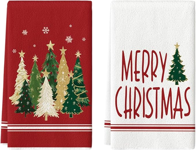 Artoid Mode Red Xmas Tree Merry Christmas Kitchen Towels Dish Towels, 18x26 Inch Farmhouse Star Snowflakes Decoration Cleaning Set of 2