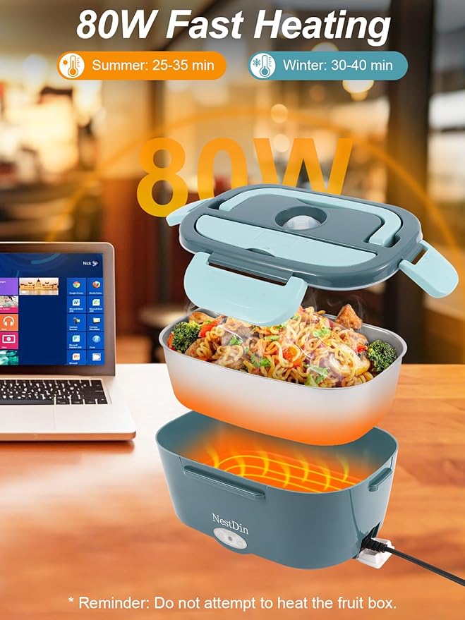 80W Electric Lunch Box for Adults, Portable Heated Lunch Box for Men, 1.5L Food Warmer Lunchbox for Car/Truck/Office, 12V/24V/110V Leak-Proof, Dishwasher-Safe with Insulated Bag (Minty Green)