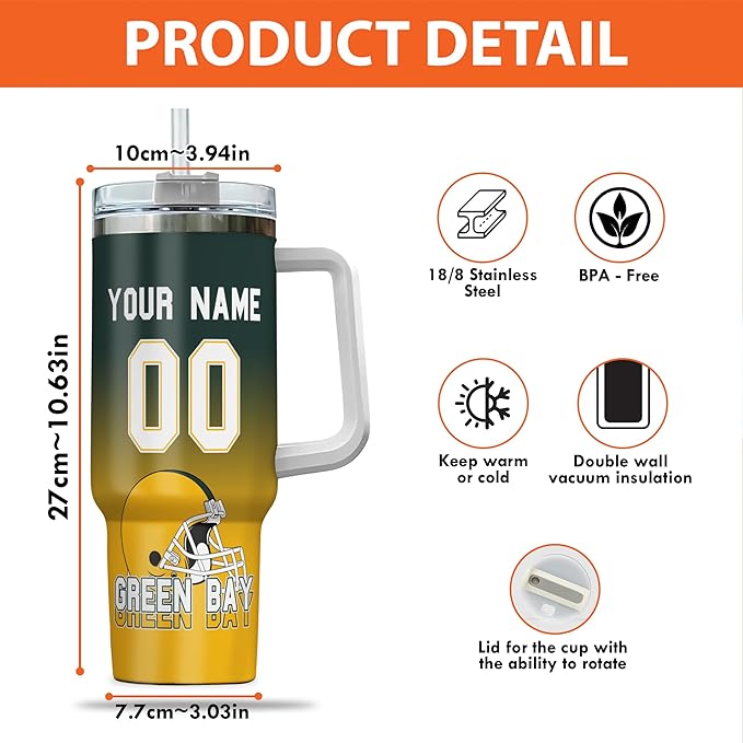 Custom 40oz Football Stainless Steel Tumbler with Handle & Straw, Personalized Insulated Travel Mug, Add Name & Number Cup, Sports Fan Game Day Gift (Green Bay-01)