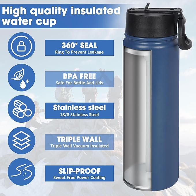 24 oz Insulated Water Bottle with Straw, Stainless Steel Double Wall Vacuum Thermos with Straw Lid Leak Proof, Wide Mouth Lid, Keep Cold and Hot