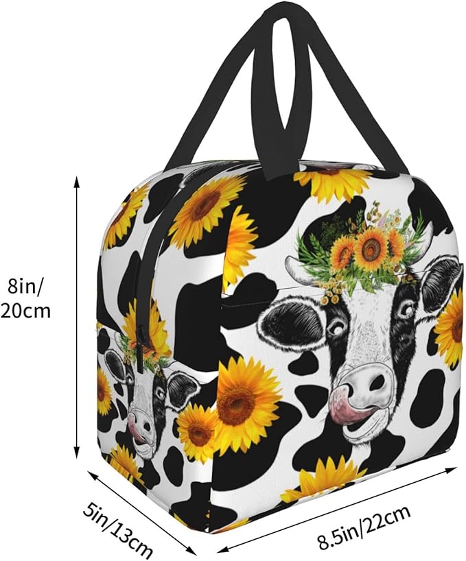 Sunflower Cow Print Portable Lunch Tote Bag Reusable Cute Lunch Box for Men or Women Perfect for office/Camping/Hiking/Picnic/Beach/Travel