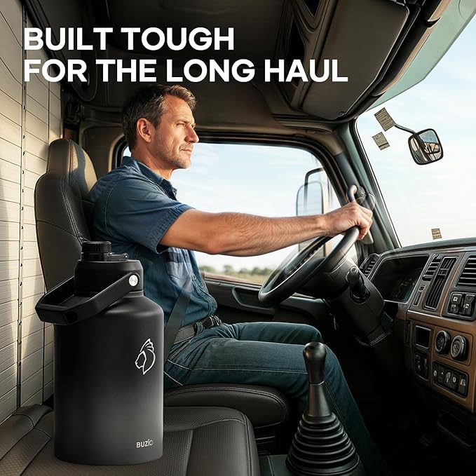 BUZIO One Gallon Water Bottle Insulated, (Cold for 48 Hrs) 128oz Water Jug Large Stainless Steel, 3.58in Big Wide Mouth Leak Proof Metal Flask with Carrying Sleeve for Camping,Gym, Travel, Black Gray