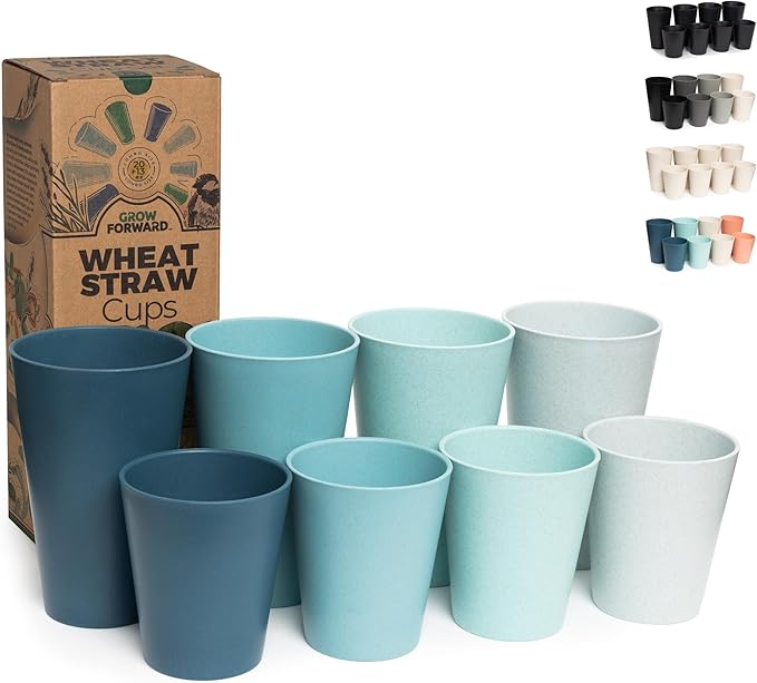 Grow Forward Premium Wheat Straw Cups - 13 & 20 oz Unbreakable BPA Free Hard Plastic Cups – Reusable Lightweight Plastic Drinking Glasses for Kitchen, Outdoor, Water, Camping, RV - Seascape