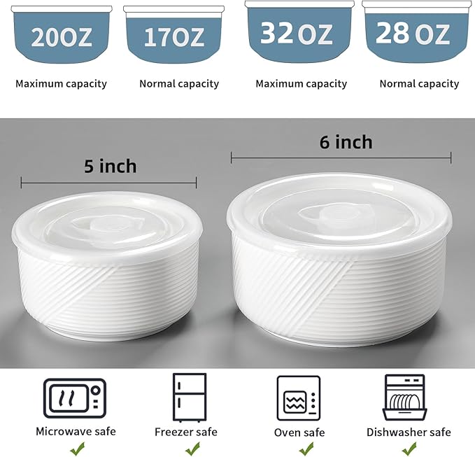 Ceramic Nesting Bowls with Lid: Microwave Safe Food Storage Containers for Work Lunch Picnic Camping Meal Prep Soup Salad Cereal Leftovers - 5 & 6 Inch, 20 & 32 oz, Set of 2, White