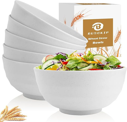 60 OZ Wheat Straw Bowls, Large Popcorn Bowl Sets of 6, Unbreakable Large Serving Bowls for Kitchen, Microwave and Dishwasher Safe Big bowl for Eating, Soup, Ramen, Cereal- White