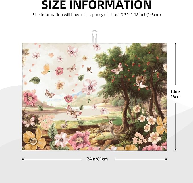 Retro Country Woods Deer Dish Drying Mat 18x24 Inch, Microfiber Absorbent Fast Dry Mat Flowers Butterfly Large Dish Mat Drying Kitchen Mat, Kitchen Drying Pad for Kitchen Counter Coffee Bar Decor