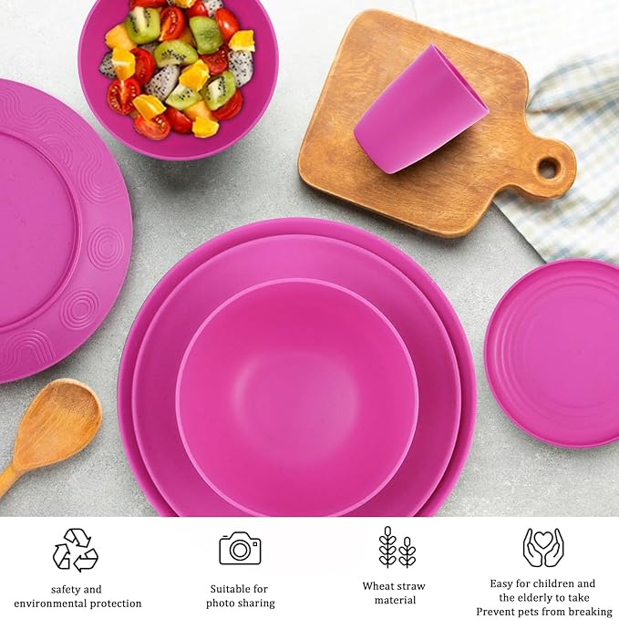 Wheat Straw Dishes Set 40 PCS,Shatterproof Dinnerware Sets for 8,Microwave Safe Dining Set,Plate Sets,Bowl Sets,Stackable and Lightweight Dinner Plates for RVs,Camping,Travel (Pink Matte)