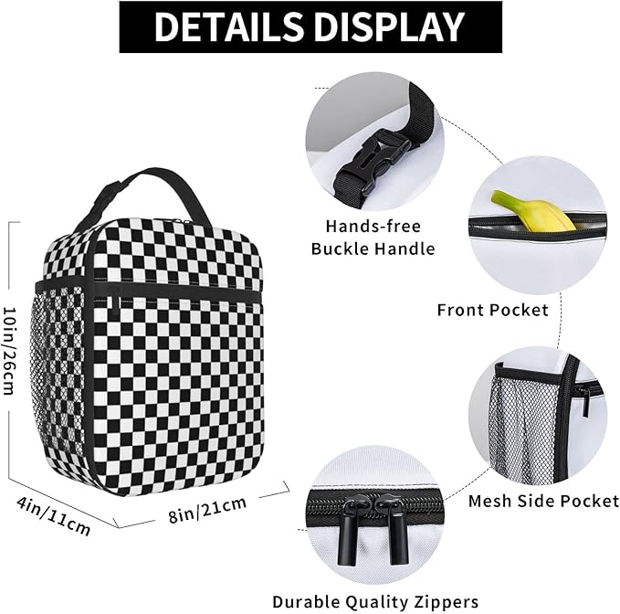 Black White Checkerboard Insulated Lunch Box Bag Portable Lunch Tote For Women Men And Kids