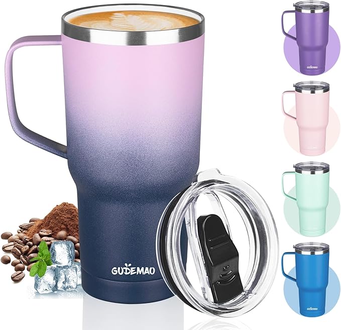 20 oz Insulated Coffee Mug with Ceramic Coating, Stainless Steel Travel Mug Tumbler with Handle Lid and Straw, Double Wall Leak-Proof Coffee Travel Mug Keeps Drink Hot and Cold (Purple blue)