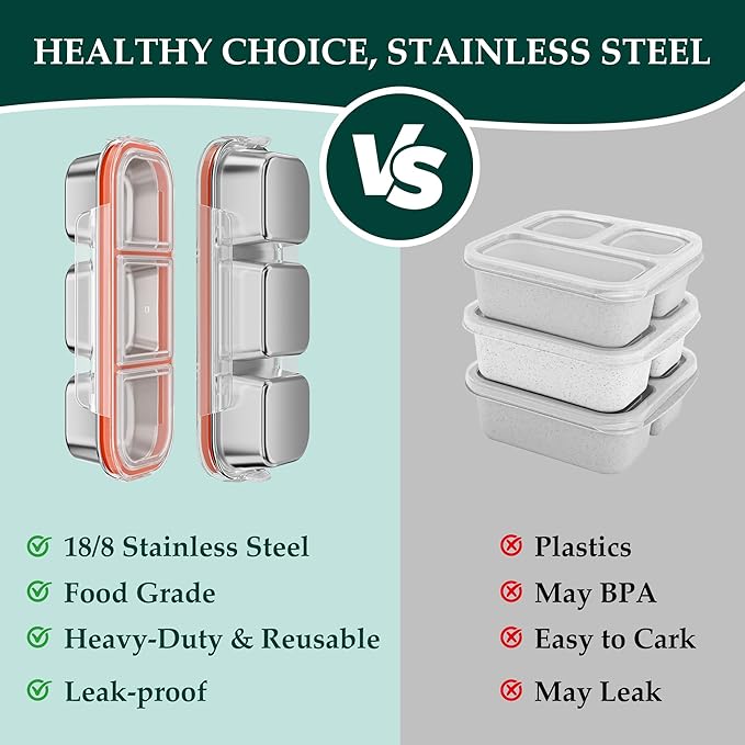 QCQHDU Snack Containers, Reusable Stainless Steel 3 Compartment Condiment Metal Bento Lunch Box with Lids, Divided Snack Food Storage Lunchable Containers for Home, Work, Travel, Camping, 1 Pack